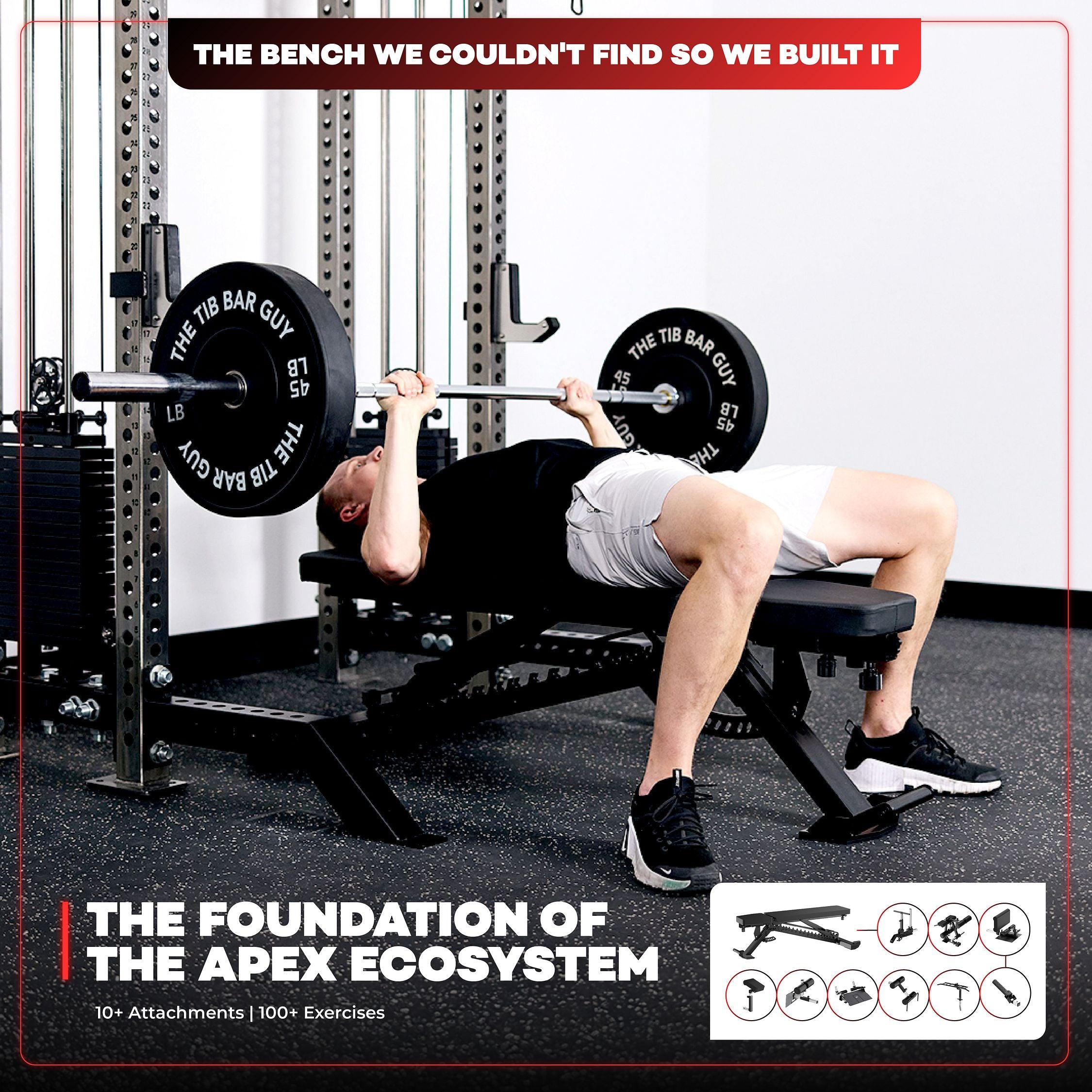 Barbell bench press on the APEX adjustable weight bench in a home gym setting.