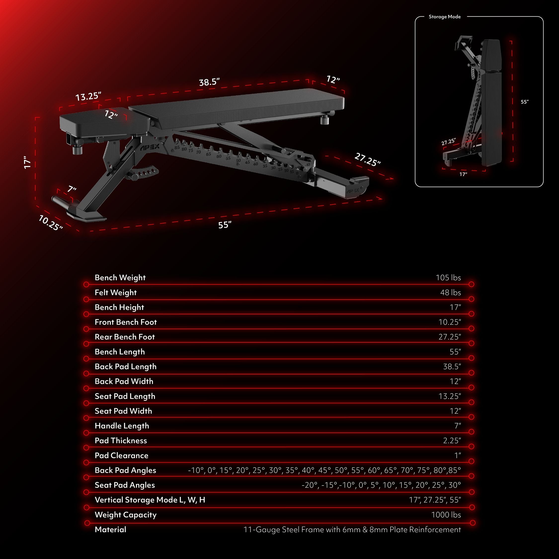 APEX Adjustable Bench dimensions and specifications chart.