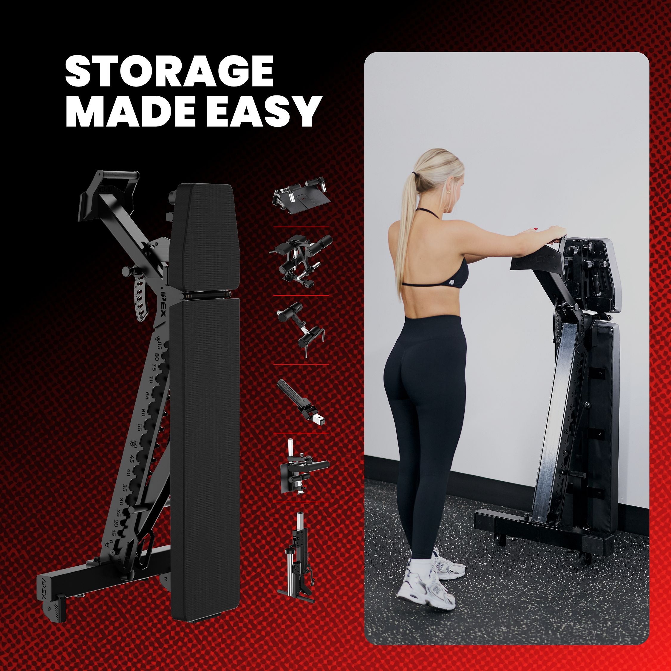 APEX Adjustable Bench stored vertically upright for easy space-saving storage.