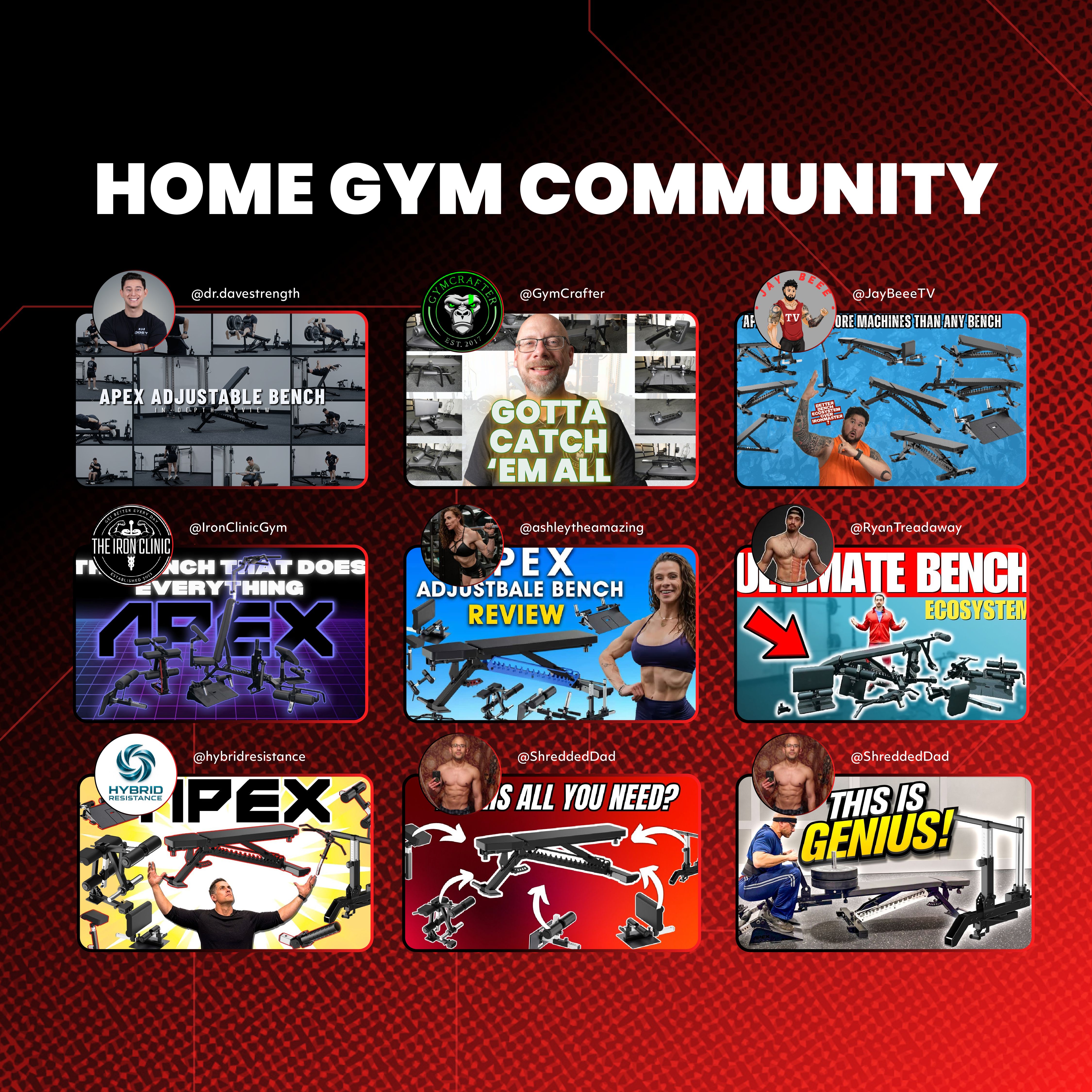 APEX Adjustable Bench featured by home gym community creators and reviewers.