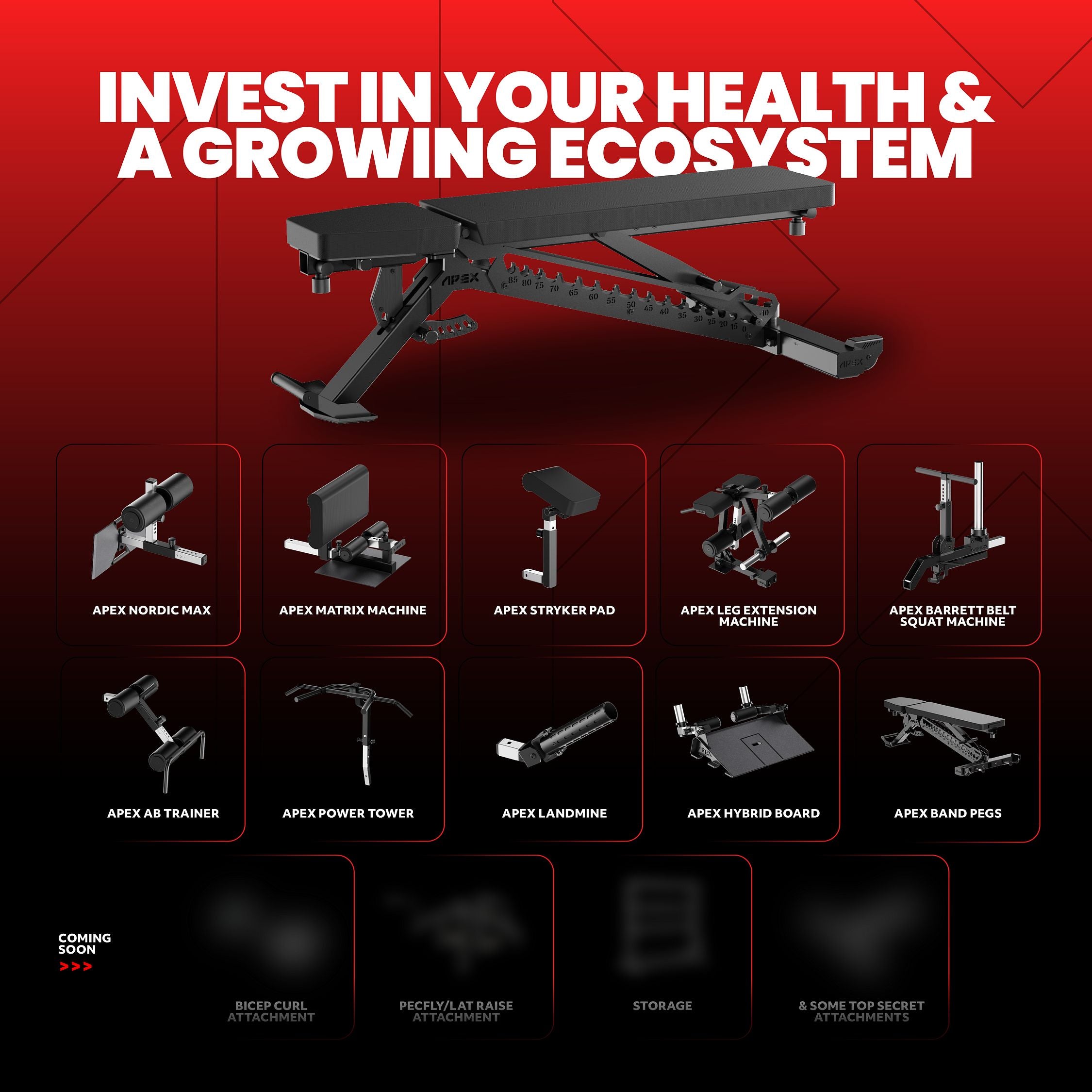 APEX Adjustable Bench with 10+ compatible attachments for a complete home gym ecosystem.