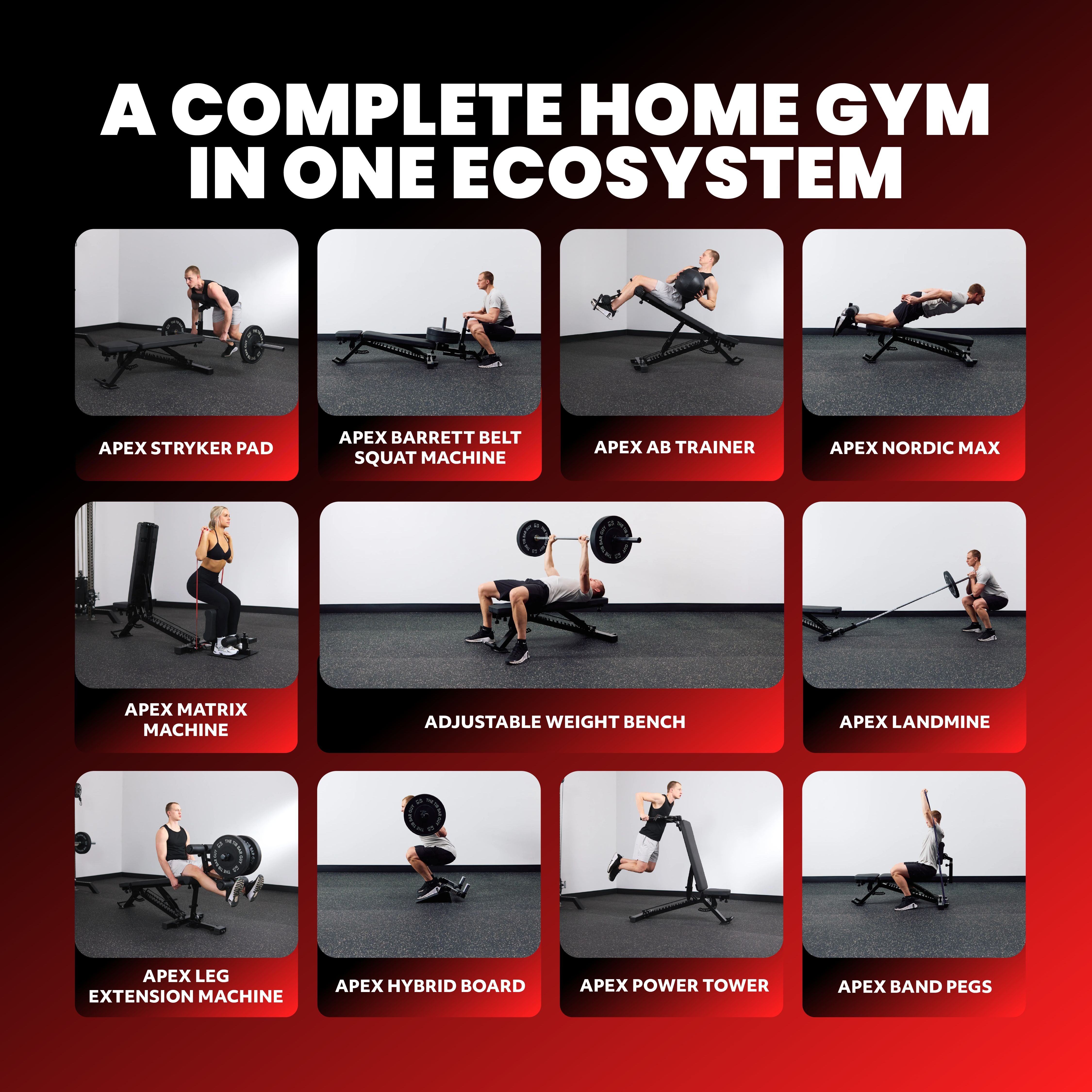 APEX complete home gym ecosystem with 11 compatible attachments.