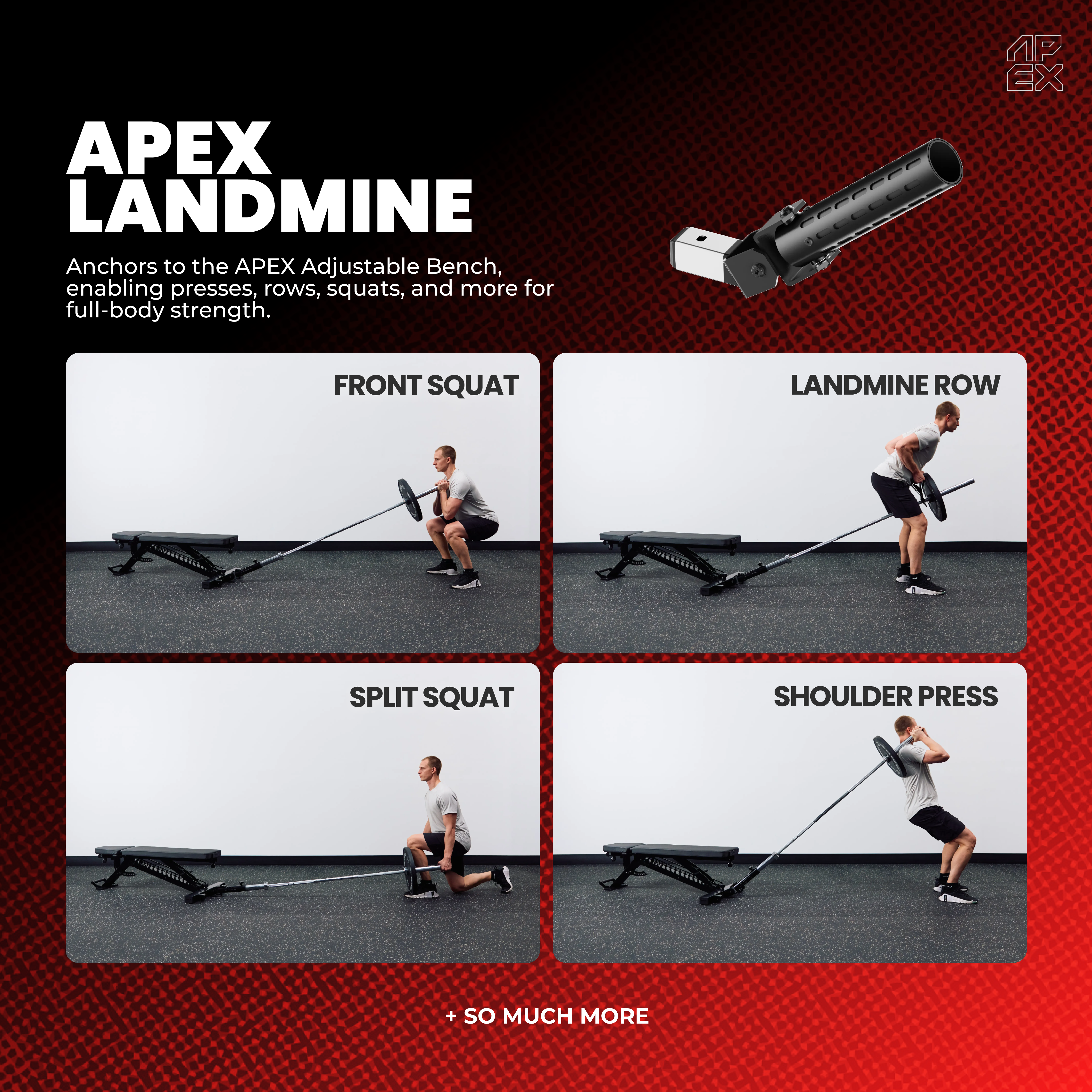APEX Landmine demonstrating front squat, landmine row, split squat, and shoulder press exercises.