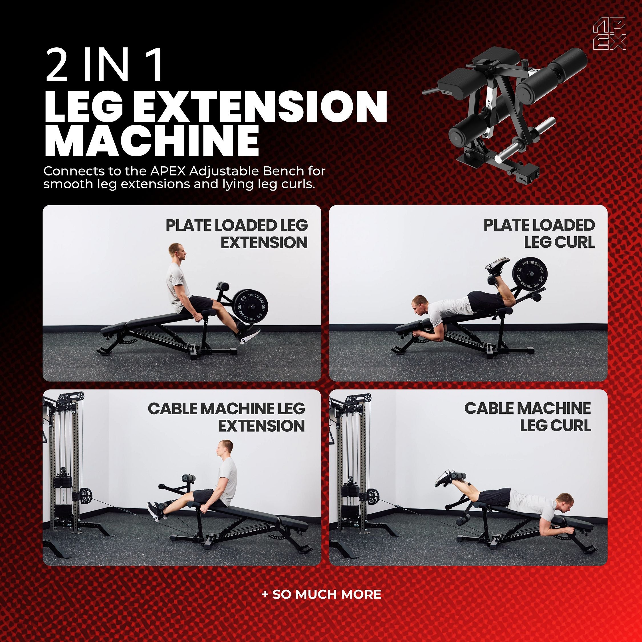 APEX Leg Extension Machine with plate loaded and cable machine leg extensions and curls.