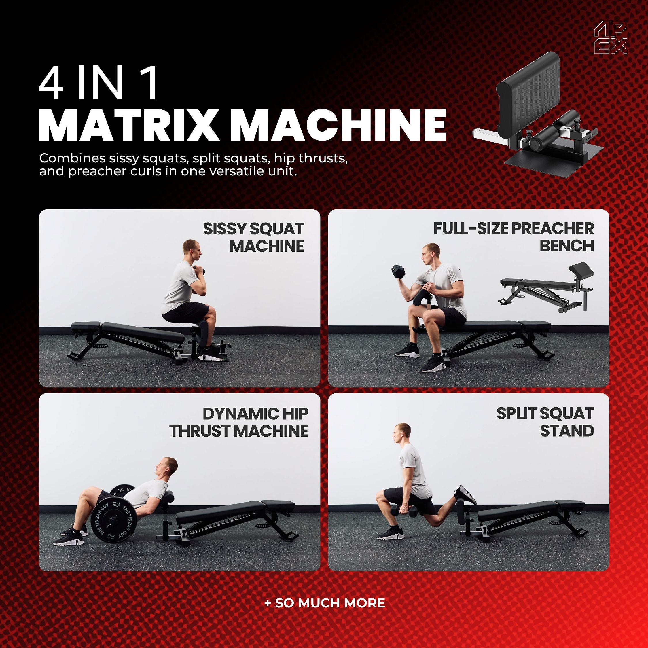 APEX Matrix Machine with sissy squat, preacher bench, hip thrust, and split squat.