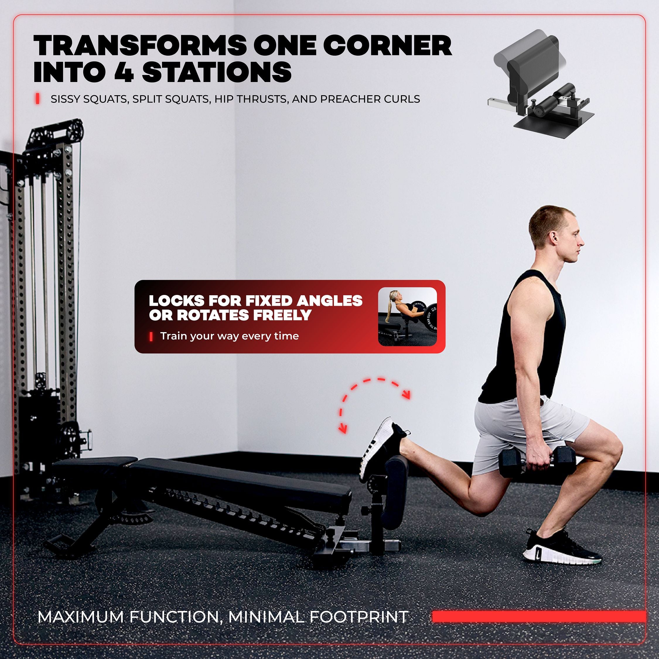 Athlete performing a split squat using the APEX Matrix Machine attached to the APEX Adjustable Bench.