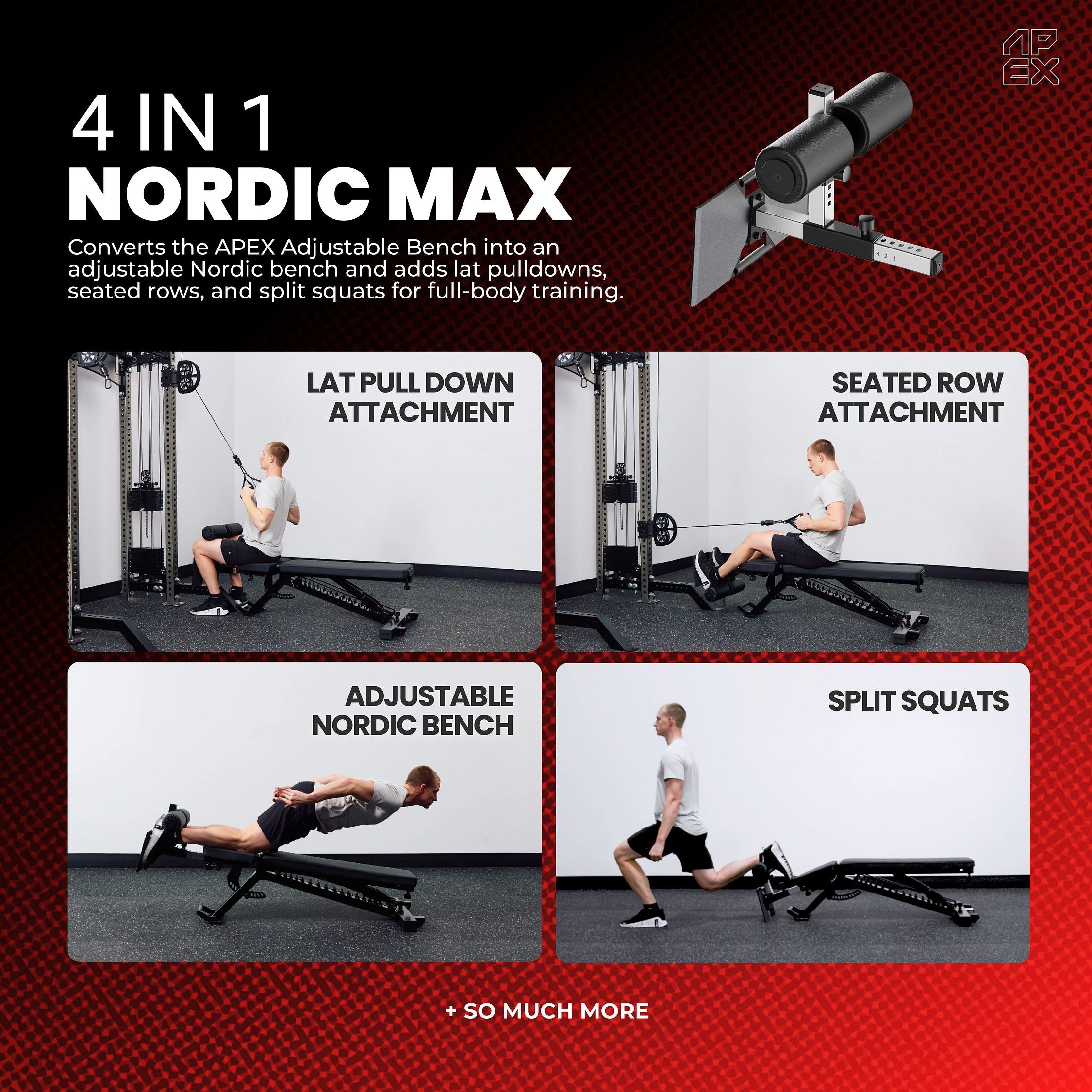 APEX Nordic Max attachment demonstrating lat pulldowns, seated rows, nordic bench, and split squats.