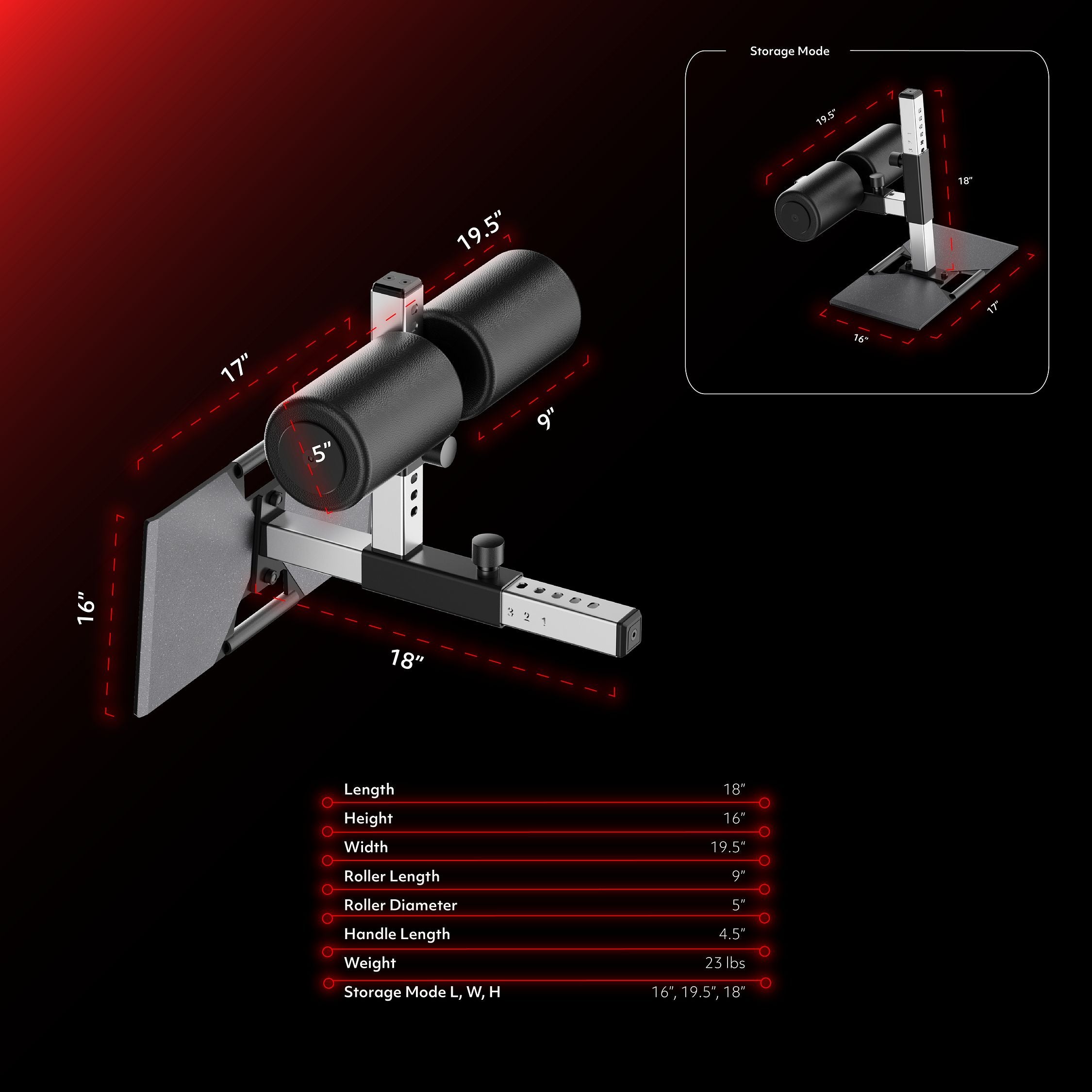 APEX Nordic Max dimensions and specifications chart showing 18" length, 16" height, 19.5" width, and 23 lbs weight.