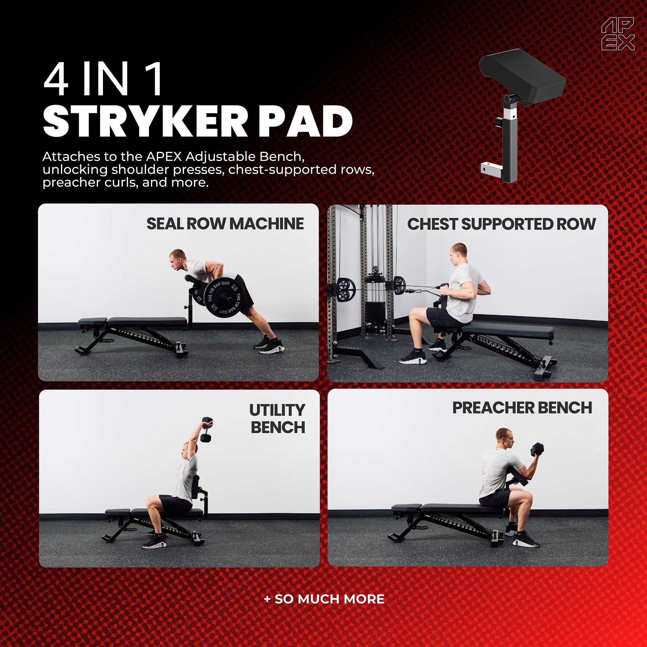APEX Stryker Pad demonstrating seal row, chest supported row, utility bench, and preacher bench exercises.