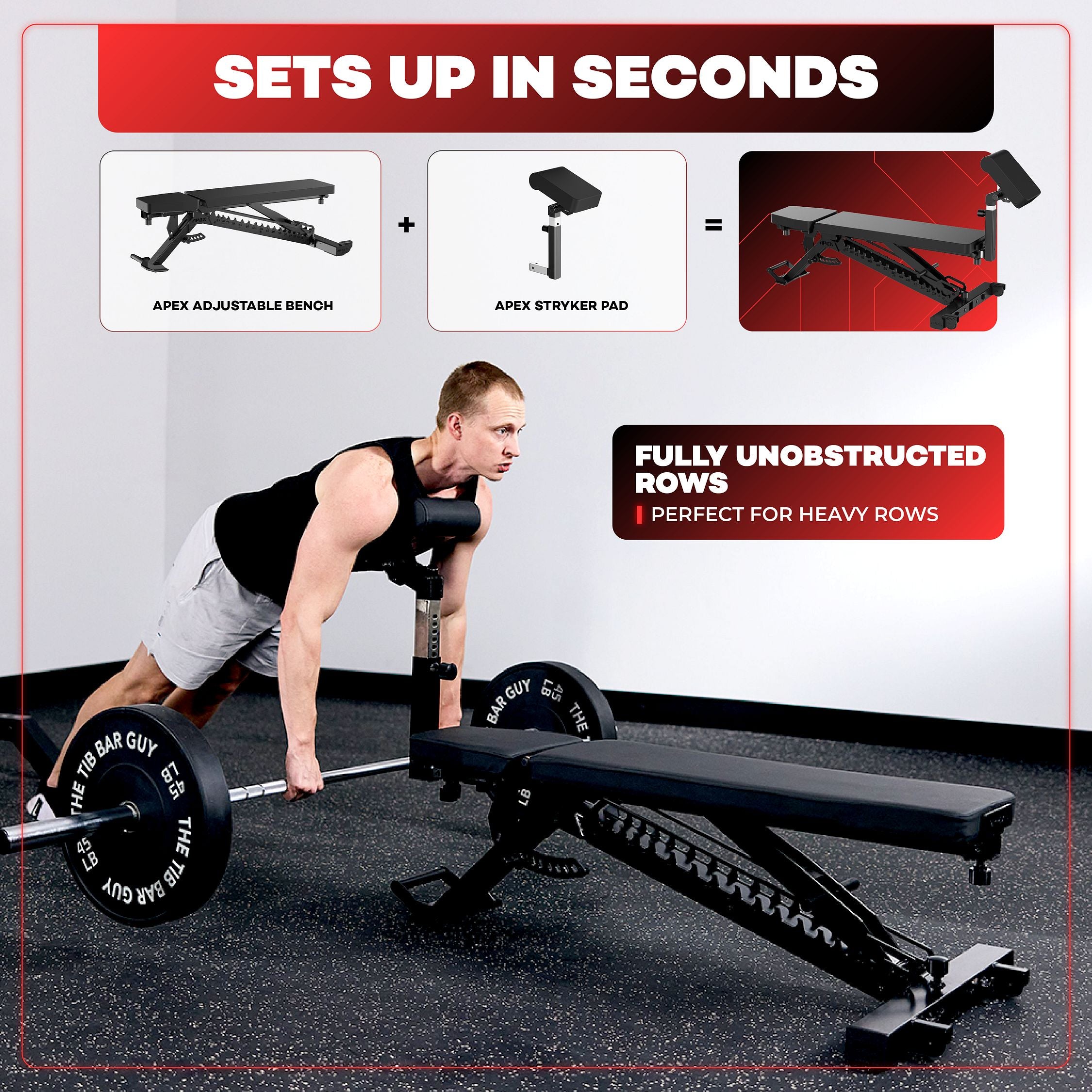 APEX Stryker Pad attached to APEX Adjustable Bench for seal rows.