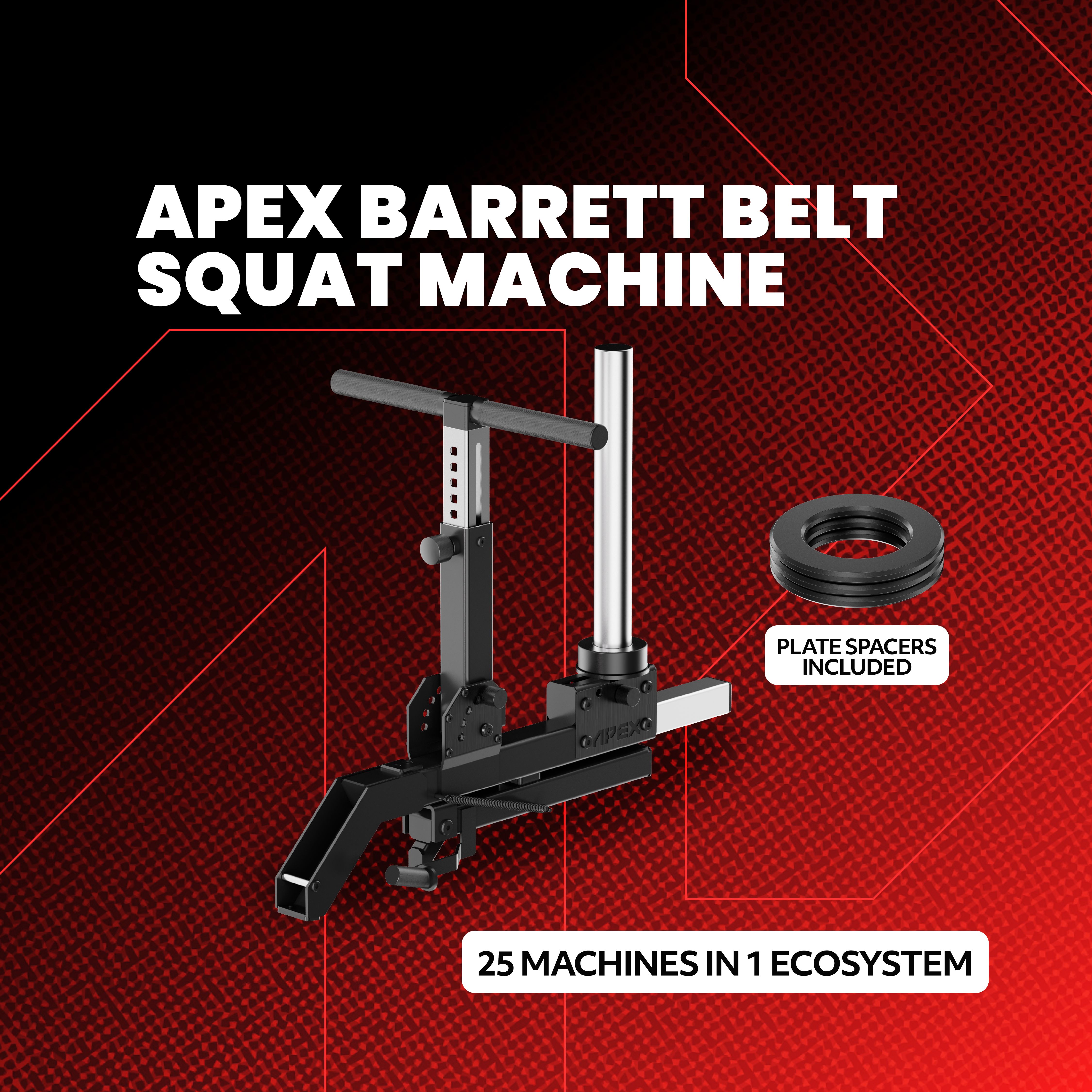 APEX Barrett Belt Squat Machine with plate spacers included, part of the APEX Adjustable Bench ecosystem.