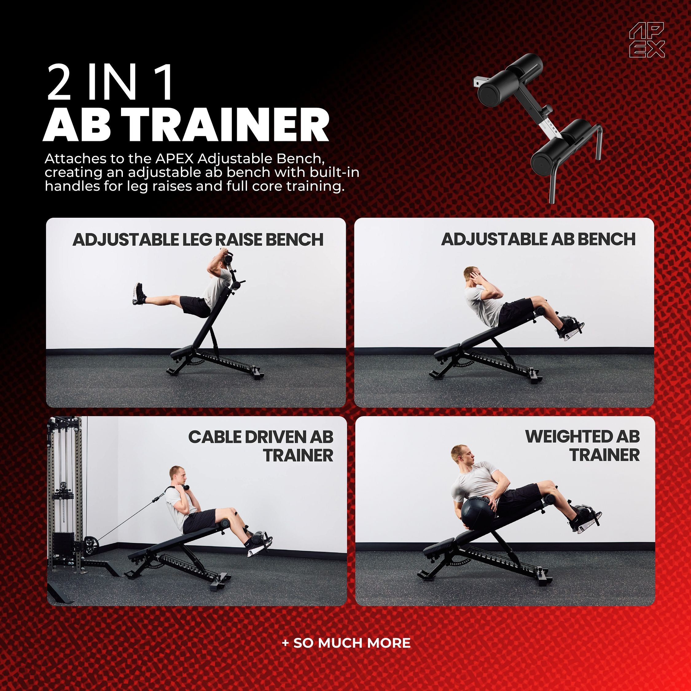 APEX 2 in 1 Ab Trainer attachment demonstrating multiple adjustable core training exercises on the APEX bench.